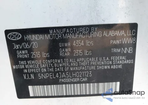 2020 Hyundai Sonata Sel из США, поврежденный, VIN 5NPEL4JA5LH021123